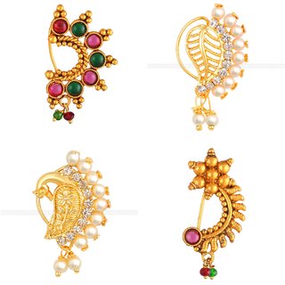                       Vighnaharta Non Piercing Oxidised Gold with Artificial stone and beads Red Stone Alloy Maharashtrian Nath                                              