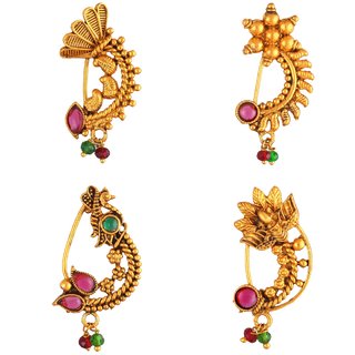 Vighnaharta Non Piercing Gold Plated Mayur design with Pearls AD Stone Alloy Maharashtrian Nath Vighnaharta Non Piercing Gold Plated Mayur design with Pearls AD Stone Alloy Maharashtrian Nath