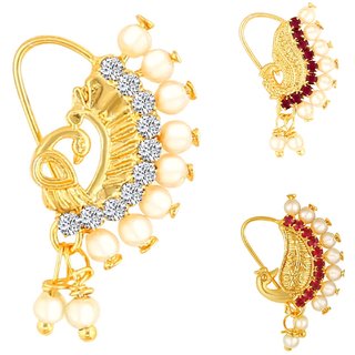                       Vighnaharta Piercing Gold Plated Mayur design with Pearls and AD Stone Alloy Maharashtrian Nath                                              