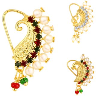 Vighnaharta Piercing Gold Plated Mayur design with Pearls and AD Stone Alloy Maharashtrian Nath Vighnaharta Piercing Gold Plated Mayur design with Pearls and AD Stone Alloy Maharashtrian Nath