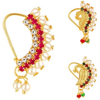 Vighnaharta Piercing Gold Plated Mayur design with Pearls and AD Stone Alloy Maharashtrian Nath Vighnaharta Piercing Gold Plated Mayur design with Pearls and AD Stone Alloy Maharashtrian Nath