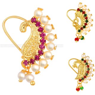 Vighnaharta Piercing Gold Plated Mayur design with Pearls and AD Stone Alloy Maharashtrian Nath Vighnaharta Piercing Gold Plated Mayur design with Pearls and AD Stone Alloy Maharashtrian Nath