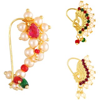                       Vighnaharta Piercing Gold Plated Mayur design with Pearls and AD Stone Alloy Maharashtrian Nath                                              