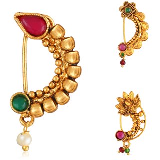 Vighnaharta Non Piercing Oxidised Gold with Artificial stone and beads Red Stone Alloy Maharashtrian Nath Vighnaharta Non Piercing Oxidised Gold with Artificial stone and beads Red Stone Alloy Maharashtrian Nath
