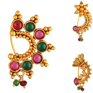 Vighnaharta Non Piercing Oxidised Gold with Artificial stone and beads Red Stone Alloy Maharashtrian Nath Vighnaharta Non Piercing Oxidised Gold with Artificial stone and beads Red Stone Alloy Maharashtrian Nath