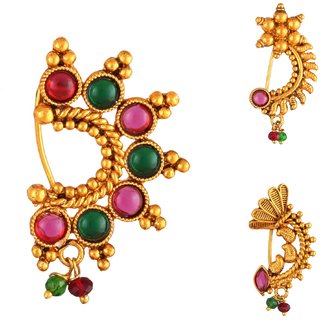                       Vighnaharta Non Piercing Oxidised Gold with Artificial stone and beads Red Stone Alloy Maharashtrian Nath                                              