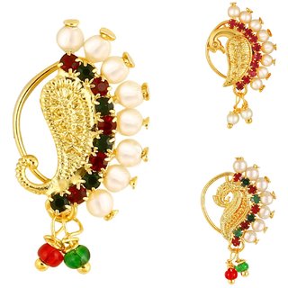                       Vighnaharta Non Piercing Gold Plated Mayur design with Pearls AD Stone Alloy Maharashtrian Nath                                              