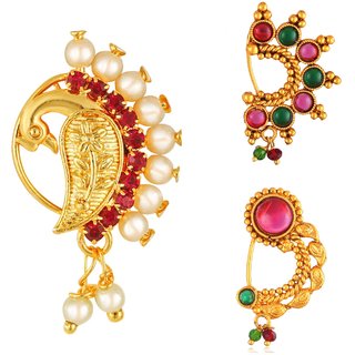 Vighnaharta Non Piercing Gold Plated Mayur design with Pearls AD Stone Alloy Maharashtrian Nath Vighnaharta Non Piercing Gold Plated Mayur design with Pearls AD Stone Alloy Maharashtrian Nath