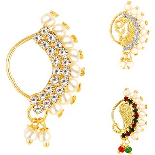                       Vighnaharta Non Piercing Gold Plated Mayur design with Pearls AD Stone Alloy Maharashtrian Nath                                              