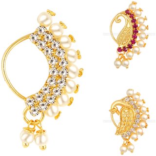                       Vighnaharta Non Piercing Gold Plated Mayur design with Pearls AD Stone Alloy Maharashtrian Nath                                              