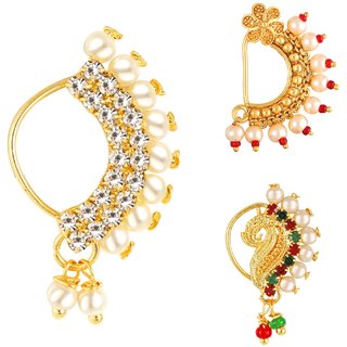                       Vighnaharta Non Piercing Gold Plated Mayur design with Pearls AD Stone Alloy Maharashtrian Nath Nathiya                                              