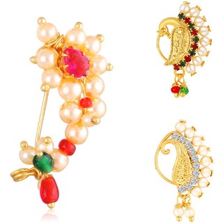 Vighnaharta Non Piercing Gold Plated Mayur design with Pearls AD Stone Alloy Maharashtrian Nath Vighnaharta Non Piercing Gold Plated Mayur design with Pearls AD Stone Alloy Maharashtrian Nath