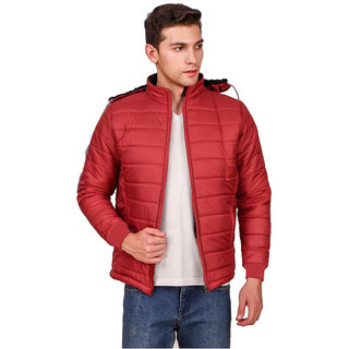 Kotty Men Solid Red Puffer Jacket With Hoodie