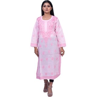                       Womens Lucknowi Chikankari Pure Cotton Blend With Fine Floral Embroidery L                                              