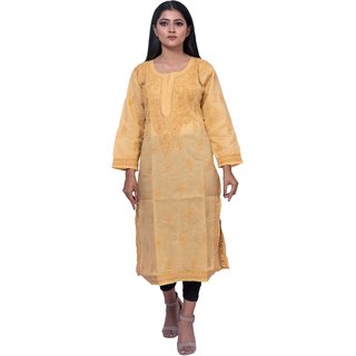                       WOMEN'S LUCKNOWI CHIKANKARI PURE COTTON BLEND WITH FINE FLORAL  EMBROIDERY LONG KURTI                                              
