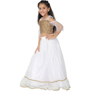                       ADITA Girl's Net Sleeveless White & Golden Party Wear Woven Frock Dress                                              