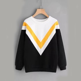 Crazy Prints Black With Yellow Stripes Solid Sweatshirt For Women