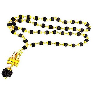 Raviour Lifestyle Rudraksha Black Beads Golden Cap Mala With goldan Coated Shiv Damaru Locket/Shiv shakti pendant
