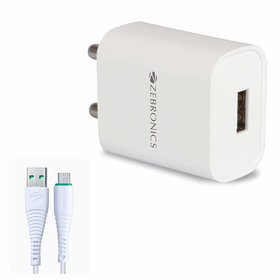 ZEBRONICS Zeb-MA5211 USB Charger Adapter with 1 Metre Micro USB Cable, Fast Charge, for Mobile Phone/Tablets (White)