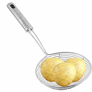Stainless Steel Deep Fry Strainer Wire Skimmer with Spiral Mesh, Professional Grade Handle Skimmer Spoon