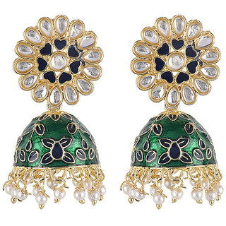                       Green Golden Jhumki With Kundan Top Earrings for Girls Alloy Material Earrings for Women's Fashion Jewellery                                              