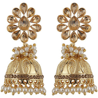                       Engraved Jhumki Drop Crystal Top Earrings Golden Copper Material Drop Hook Earrings for Women's Fashion Jewelry                                              