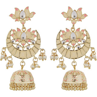                       Small Lakshmi Lotus Chand Baali Earrings Golden  Pink Brass Alloy Copper Material Earrings for Women's Fashion Jewelry                                              