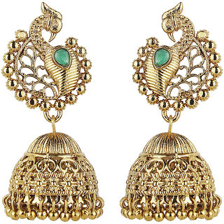                       Traditional Peacock Dome Jhumki Golden  Green Alloy Brass  Copper Earrings for Women's Fashion Jewelry                                              