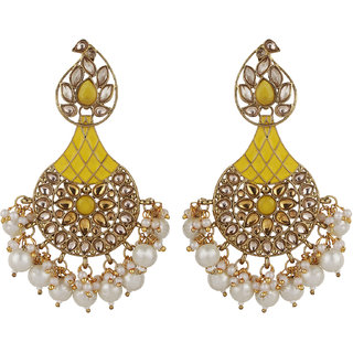                       Enamel Chand Baali Pearl Earrings for Girls Color Yellow  Gold Alloy Brass  Copper Material Earrings for Women's                                              