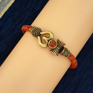                       M Men Style Om Trishul Damru Rudraksha Leather dyed Rope Wrist Band  Gold ,Brown Brass Bracelet For Unisex                                              