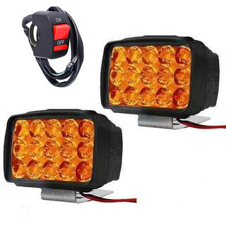 High Power Heavy Duty 15 LED Yellow Fog Lights With 1 Piece On-Off Switch for Bikes and Cars