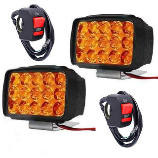 High Power Heavy Duty 15 LED Yellow Fog Lights With 2 Piece On-Off Switch for Bikes and Cars