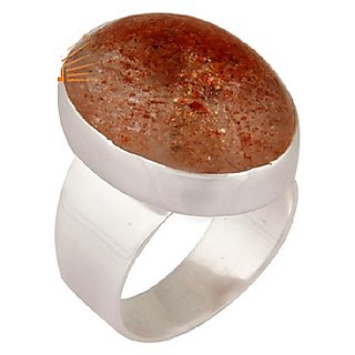                       JAIPUR GEMSTONE-7.25 Carat Natural Brown Sunstone Gemstone Silver Plated Adjustable Ring for Unisex                                              