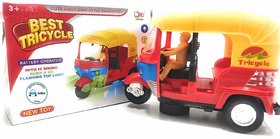 Friction Powered Toys for Kids Auto Rickshaw Tricycle with Lights  Music Sound (Multi Colors) with Batteries