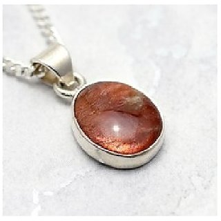                       JAIPUR GEMSTONE-7.50 Ratti Natural Brown Sunstone Gemstone Silver Plated Pendant for Men and Women                                              