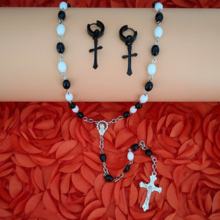                       M Men Style Jesus Cross Rosary Mala Stainless Steel Crystal Religious Jewellery Neklace with Earrrings For Unisex                                              
