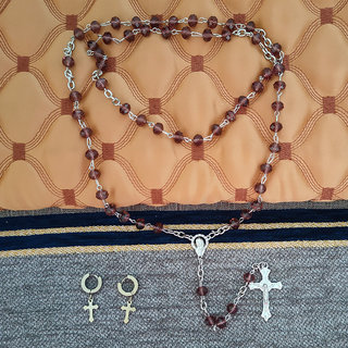                       M Men Style Jesus Cross Rosary Mala Stainless Steel Crystal  Religious Jewellery Neklace with Earrrings For Unisex                                              