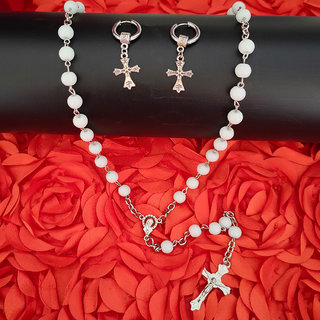                       M Men Style Jesus Cross Rosary Mala Stainless Steel Crystal Religious Jewellery Neklace with Earrrings For Unisex                                              