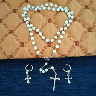                       M Men Style Jesus Cross Rosary Mala Stainless Steel Crystal  Religious Jewellery Neklace with Earrrings For Unisex                                              