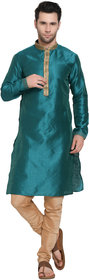 Kandy Men's Rama Green Colored Royal Silk  Embroidered Kurta Pyjama Set