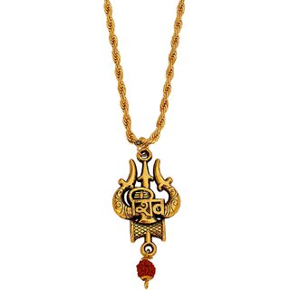                       M Men Style Lord Shiv Symbol Trishul With Rudraksha Necklace Pendant Locket Gold Brass Religious Pendant For Unisex                                              