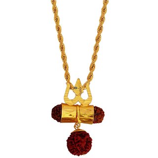                       M Men Style Lord Shiv Symbol Trishul With Rudraksha Damroo Pendant Multicolor Brass Religious Jewellery For Unisex                                              