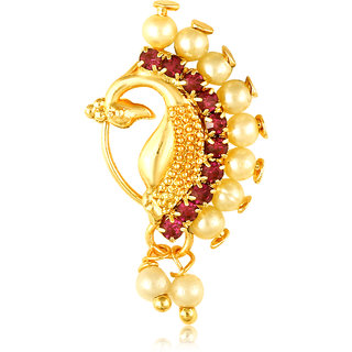                       Gold Plated Mayur design with Peals AD Stone Alloy Maharashtrian Nath Nathiya./ Nose Pin for women                                              