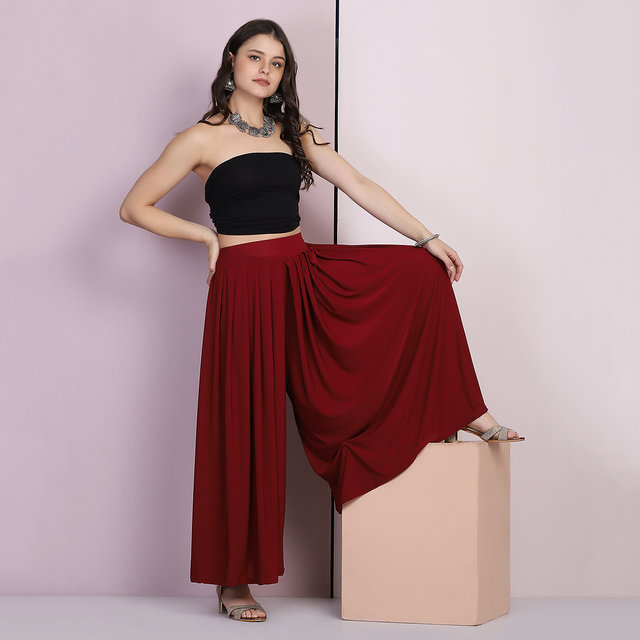 Buy Buynewtrend Lycra Solid Pleated Flared Palazzo Pant for Women