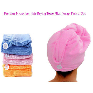                       Feelblue Microfiber 300 Gsm Hair Towel Assorted Colourpack Of 3pc                                              