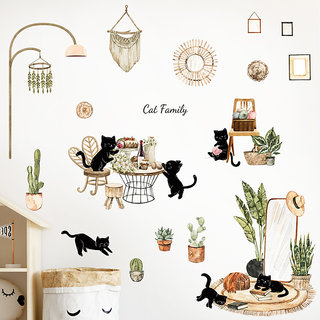                       JAAMSO ROYALS Black Cat Family With Green decorative Plants Water proof Decorative Wallsticker ( 6090cm )                                              