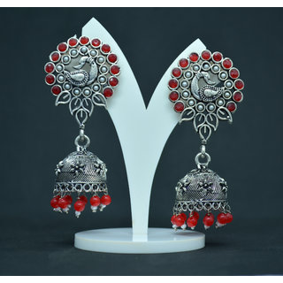                      Stylish Silver and Red Jhumka Earrings Copper, Matal Jhumki Earring                                              