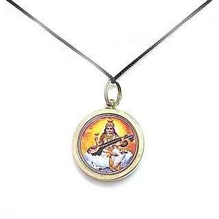                       KESAR ZEMS Brass Shree Maa Saraswati Yantra Mantra Kavach Pendant Unisex Charm Amulet In Round shape Religious Locket Fo                                              