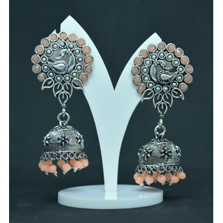                       Stylish Silver and Red Jhumka Earrings Copper, Jhumki Earring                                              