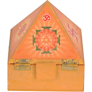                      KESAR ZEMS Vastu Wooden With Inside Mirror Cash Box Pyramid Wish Box-Reiki-With Yantra Stickers for Home Office  Temple                                              